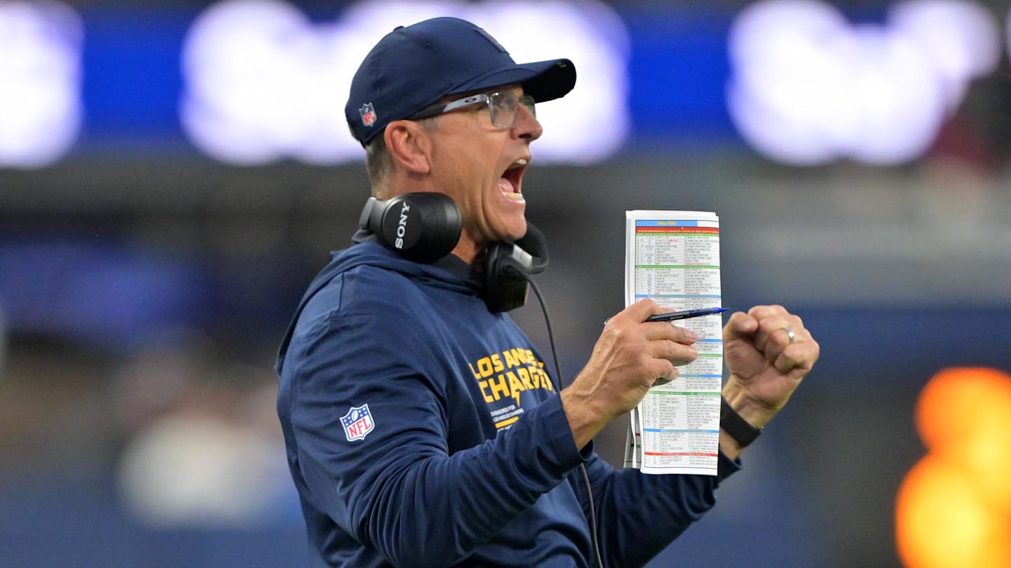 Nov 30, 2025; Inglewood, California, USA; Los Angeles Chargers head coach Jim Harbaugh reacts during the second half at SoFi Stadium. Mandatory Credit: Jayne Kamin-Oncea-Imagn Images