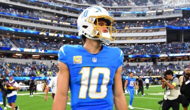 Oct 5, 2025; Inglewood, California, USA; Los Angeles Chargers quarterback Justin Herbert (10) reacts after the game against the Washington Commanders at SoFi Stadium. Mandatory Credit: Gary A. Vasquez-Imagn Images
