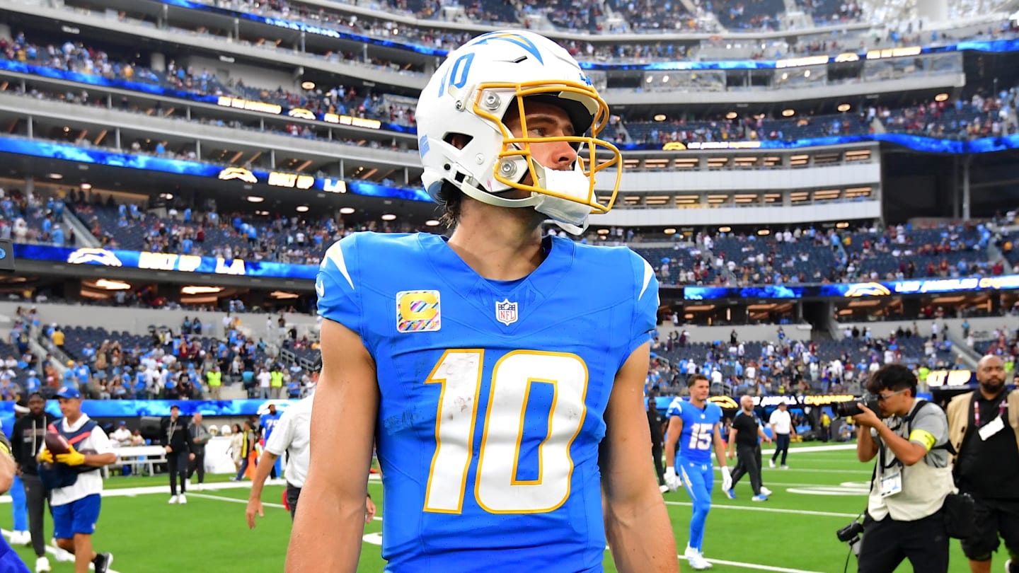 Oct 5, 2025; Inglewood, California, USA; Los Angeles Chargers quarterback Justin Herbert (10) reacts after the game against the Washington Commanders at SoFi Stadium. Mandatory Credit: Gary A. Vasquez-Imagn Images