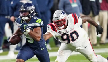 Feb 8, 2026; Santa Clara, CA, USA; Seattle Seahawks running back Kenneth Walker III (9) runs the ball as New England Patriots defensive tackle Christian Barmore (90) defends during the third quarter in Super Bowl LX at Levi's Stadium. Mandatory Credit: Cary Edmondson-Imagn Images