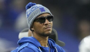 Dec 28, 2025; Indianapolis, Indiana, USA; Indianapolis Colts quarterback Anthony Richardson (5) watches the action on the field from the sidelin at Lucas Oil Stadium. Mandatory Credit: Grace Hollars-USA TODAY Network via Imagn Images
