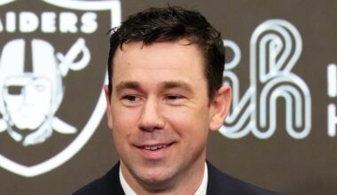 Feb 10, 2026; Henderson, NV, USA; Las Vegas Raiders coach Klint Kubiak speaks at introductory press conference at Intermountain Health Performance Center. Mandatory Credit: Kirby Lee-Imagn Images