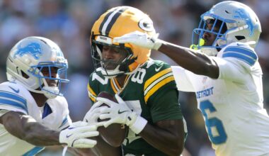 Green Bay Packers wide receiver Romeo Doubs catches a pass against Detroit Lions cornerback D.J. Reed (4) and cornerback Terrion Arnold (6) on Sunday, September 7, 2025, at Lambeau Field in Green Bay, Wis.