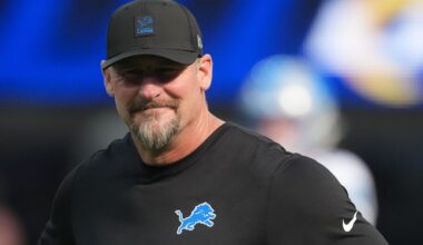 Dec 14, 2025; Inglewood, California, USA; Detroit Lions head coach Dan Campbell is seen during warmups before the game against the Los Angeles Rams at SoFi Stadium.