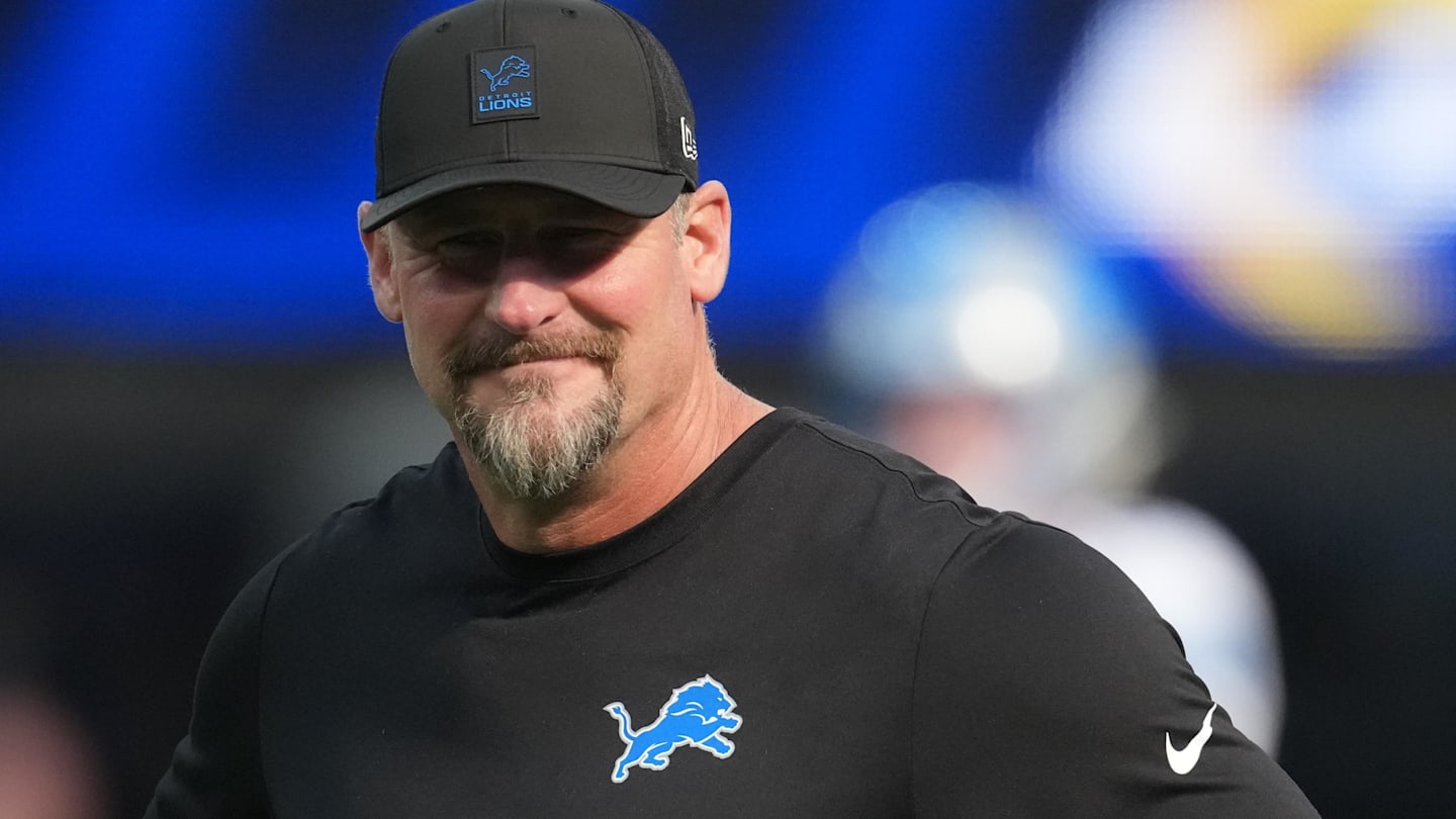 Dec 14, 2025; Inglewood, California, USA; Detroit Lions head coach Dan Campbell is seen during warmups before the game against the Los Angeles Rams at SoFi Stadium.