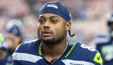 Sep 25, 2025; Glendale, Arizona, USA; Seattle Seahawks safety Coby Bryant (8) against the Arizona Cardinals at State Farm Stadium. Mandatory Credit: Mark J. Rebilas-Imagn Images