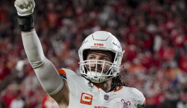 Dec 25, 2025; Kansas City, Missouri, USA; Denver Broncos linebacker Alex Singleton (49) celebrates after the game at GEHA Field at Arrowhead Stadium. Mandatory Credit: Denny Medley-Imagn Images
