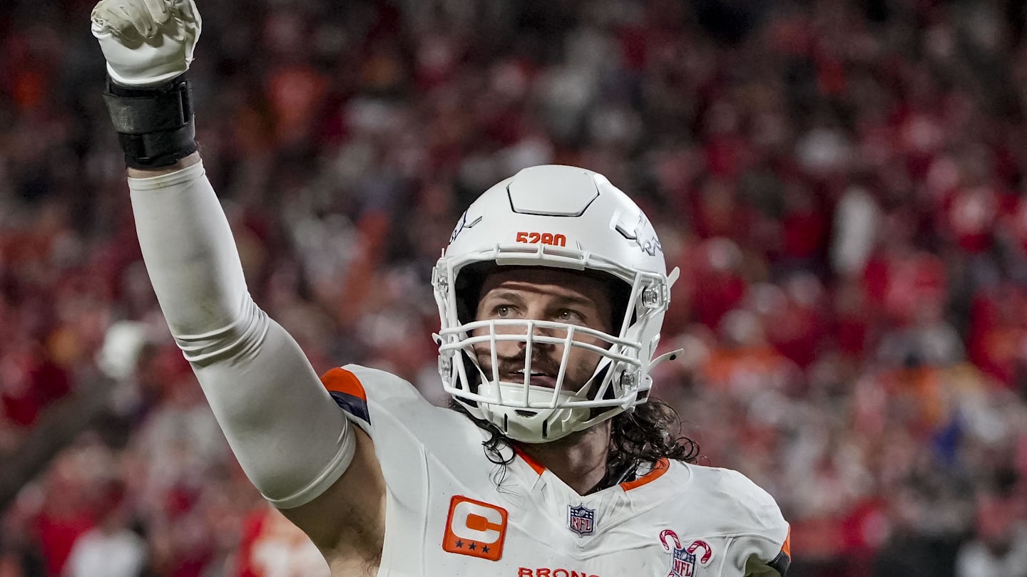 Dec 25, 2025; Kansas City, Missouri, USA; Denver Broncos linebacker Alex Singleton (49) celebrates after the game at GEHA Field at Arrowhead Stadium. Mandatory Credit: Denny Medley-Imagn Images