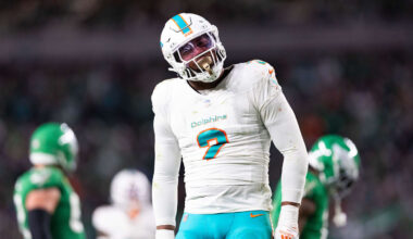 Oct 22, 2023; Philadelphia, Pennsylvania, USA; Miami Dolphins linebacker Bradley Chubb (2) reacts after a defensive stop against the Philadelphia Eagles during the third quarter at Lincoln Financial Field. Mandatory Credit: Bill Streicher-Imagn Images