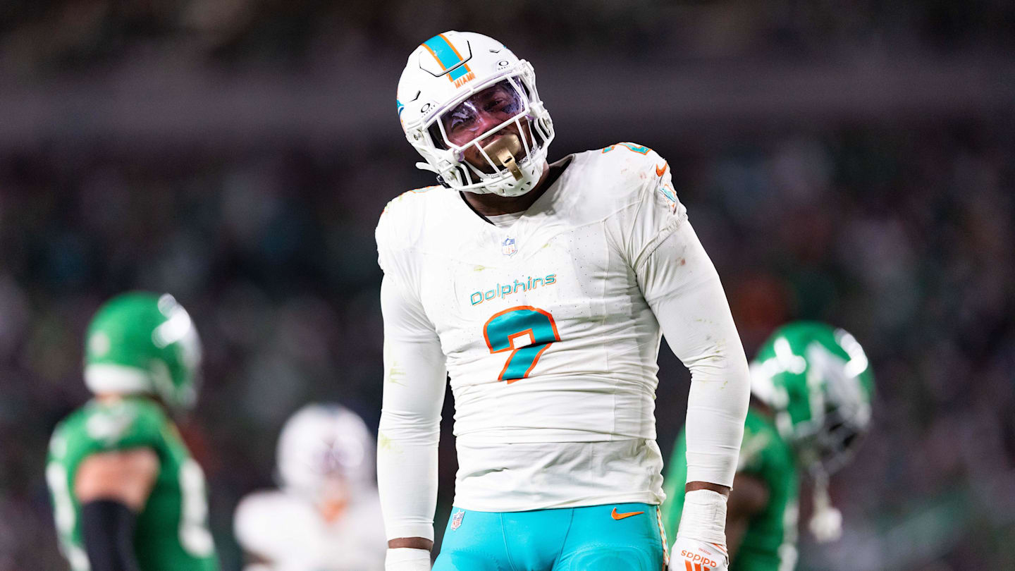 Oct 22, 2023; Philadelphia, Pennsylvania, USA; Miami Dolphins linebacker Bradley Chubb (2) reacts after a defensive stop against the Philadelphia Eagles during the third quarter at Lincoln Financial Field. Mandatory Credit: Bill Streicher-Imagn Images