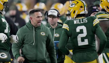 Green Bay Packers head coach Matt Lafleur yells at quarterback Malik Willis after a fumble during the second quarter of their game against the Baltimore Ravens Saturday, December 27, 2025 at Lambeau Field in Green Bay, Wisconsin.