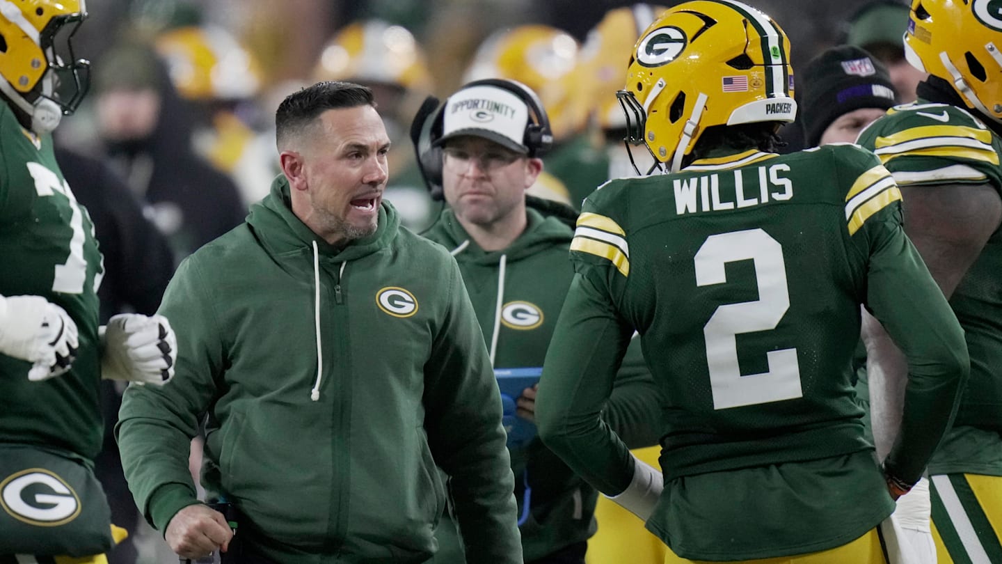 Green Bay Packers head coach Matt Lafleur yells at quarterback Malik Willis after a fumble during the second quarter of their game against the Baltimore Ravens Saturday, December 27, 2025 at Lambeau Field in Green Bay, Wisconsin.
