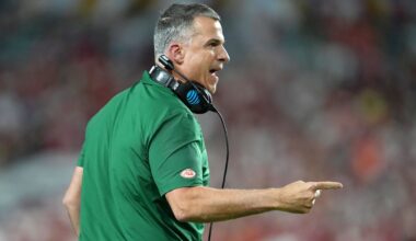 Jan 19, 2026; Miami Gardens, FL, USA; Miami Hurricanes head coach Mario Cristobal reacts after a play against the Indiana Hoosiers during the first half of the College Football Playoff National Championship game at Hard Rock Stadium. Mandatory Credit: Kirby Lee-Imagn Images