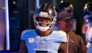 Nov 16, 2025; Nashville, Tennessee, USA;  Tennessee Titans wide receiver Calvin Ridley (0) takes the field against the Houston Texans during pre-game warmups at Nissan Stadium. Mandatory Credit: Steve Roberts-Imagn Images