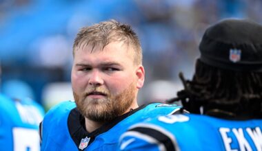 Sep 21, 2025; Charlotte, North Carolina, USA;  Carolina Panthers center Cade Mays (64) with offensive tackle Ikem Ekwonu (79) on the sidelines in the fourth quarter at Bank of America Stadium. Mandatory Credit: Bob Donnan-Imagn Images