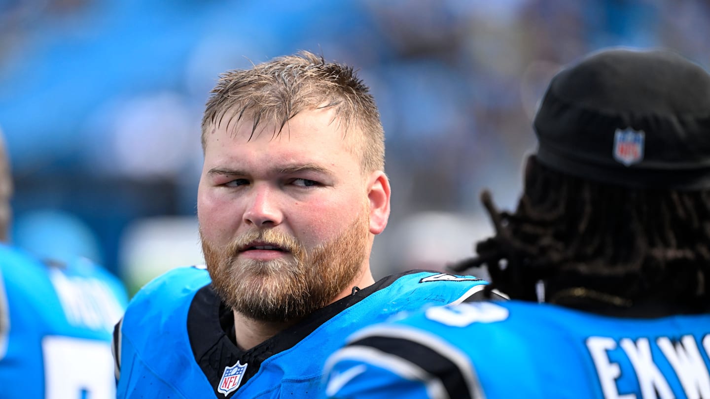 Sep 21, 2025; Charlotte, North Carolina, USA;  Carolina Panthers center Cade Mays (64) with offensive tackle Ikem Ekwonu (79) on the sidelines in the fourth quarter at Bank of America Stadium. Mandatory Credit: Bob Donnan-Imagn Images