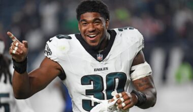 Aug 7, 2025; Philadelphia, Pennsylvania, USA; Philadelphia Eagles linebacker Jihaad Campbell (30) on the field after a win against the Cincinnati Bengals at Lincoln Financial Field.