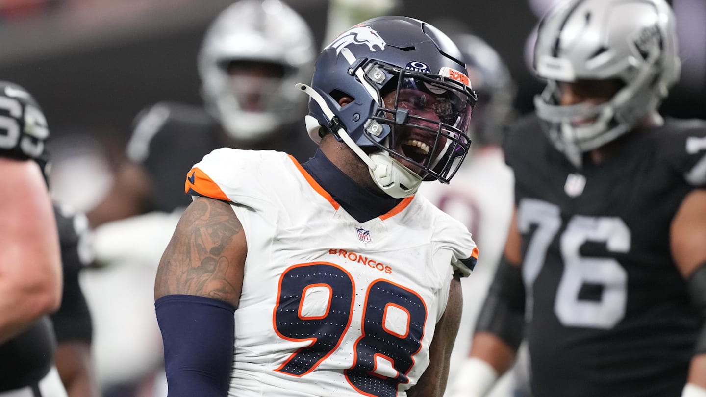 Dec 7, 2025; Paradise, Nevada, USA;  Denver Broncos defensive end John Franklin-Myers (98) reacts after a sack against the Las Vegas Raiders during the first half at Allegiant Stadium. Mandatory Credit: Kirby Lee-Imagn Images