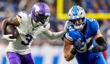 Detroit Lions defensive end Aidan Hutchinson (97) tackles Minnesota Vikings wide receiver Jordan Addison (3) during the second half at Ford Field in Detroit on Sunday, November 2, 2025.