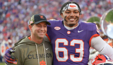 Clemson head coach Dabo Swinney with TJ Parker before kickoff with Furman University at Memorial Stadium in Clemson, SC, Saturday, November 22, 2025.