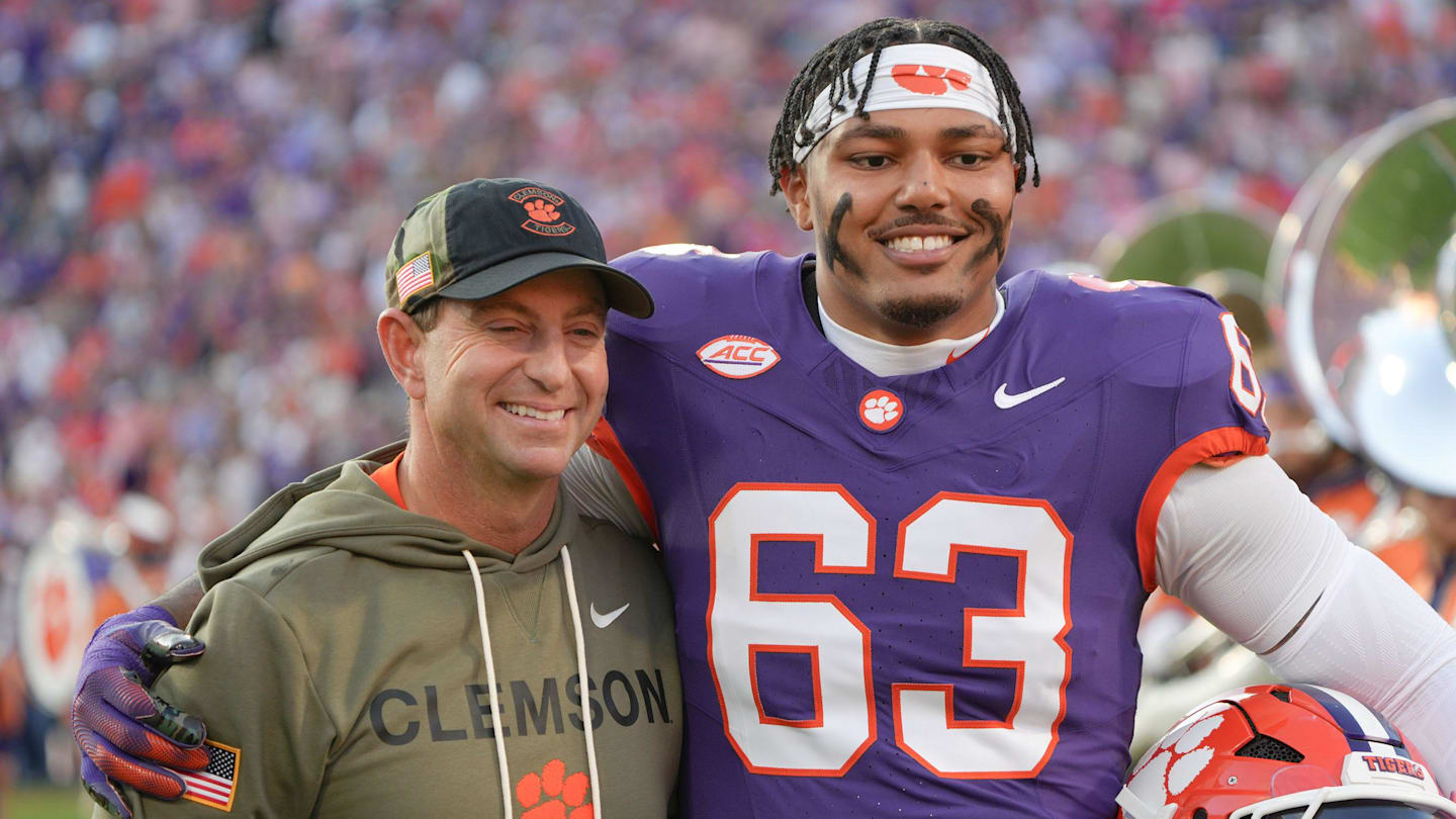 Clemson head coach Dabo Swinney with TJ Parker before kickoff with Furman University at Memorial Stadium in Clemson, SC, Saturday, November 22, 2025.