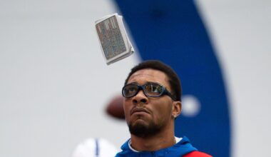 Indianapolis Colts quarterback Anthony Richardson Sr. tosses a wrist band