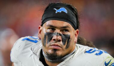Oct 12, 2025; Kansas City, Missouri, USA; Detroit Lions defensive tackle Roy Lopez (51) reacts during the second half against the Kansas City Chiefs at GEHA Field at Arrowhead Stadium. Mandatory Credit: Jay Biggerstaff-Imagn Images