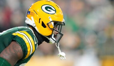 Dec 27, 2025; Green Bay, Wisconsin, USA; Green Bay Packers cornerback Nate Hobbs (21) waits for the kickoff return during the second quarter against the Baltimore Ravens at Lambeau Field.