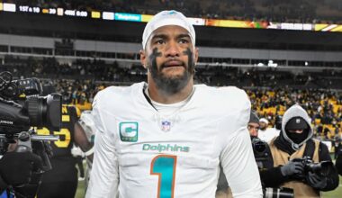 Dec 15, 2025; Pittsburgh, Pennsylvania, USA; Miami Dolphins quarterback Tua Tagovailoa (1) leaves the  field following a game against the Pittsburgh Steelers at Acrisure Stadium. Mandatory Credit: Barry Reeger-Imagn Images