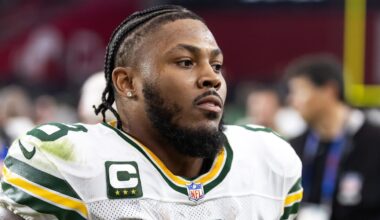 Oct 19, 2025; Glendale, Arizona, USA; Green Bay Packers running back Josh Jacobs (8) against the Arizona Cardinals at State Farm Stadium. Mandatory Credit: Mark J. Rebilas-Imagn Images