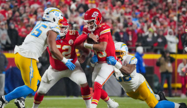 Dec 8, 2024; Kansas City, Missouri, USA; Kansas City Chiefs quarterback Patrick Mahomes (15) is sacked by Los Angeles Chargers linebacker Khalil Mack (52) during the first half at GEHA Field at Arrowhead Stadium. Mandatory Credit: Denny Medley-Imagn Images
