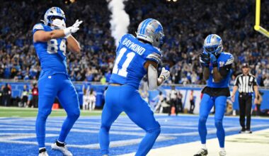 Dec 21, 2025; Detroit, Michigan, USA; Detroit Lions wide receiver Kalif Raymond (11) celebrates after scoring a touchdown during the fourth quarter against the Pittsburgh Steelers at Ford Field. Mandatory Credit: Lon Horwedel-Imagn Images