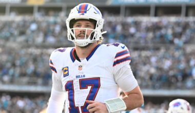 Jan 11, 2026; Jacksonville, FL, USA; Buffalo Bills quarterback Josh Allen (17) reacts after scoring a touchdown during the second half against the Jacksonville Jaguars in an AFC Wild Card Round game at EverBank Stadium. Mandatory Credit: Melina Myers-Imagn Images
