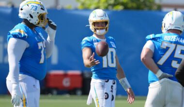 May 20, 2025; El Segundo, CA, USA; Los Angeles Chargers center Bradley Bozeman (75) looks on during offseason workouts at The Bolt. Mandatory Credit: Kirby Lee-Imagn Images