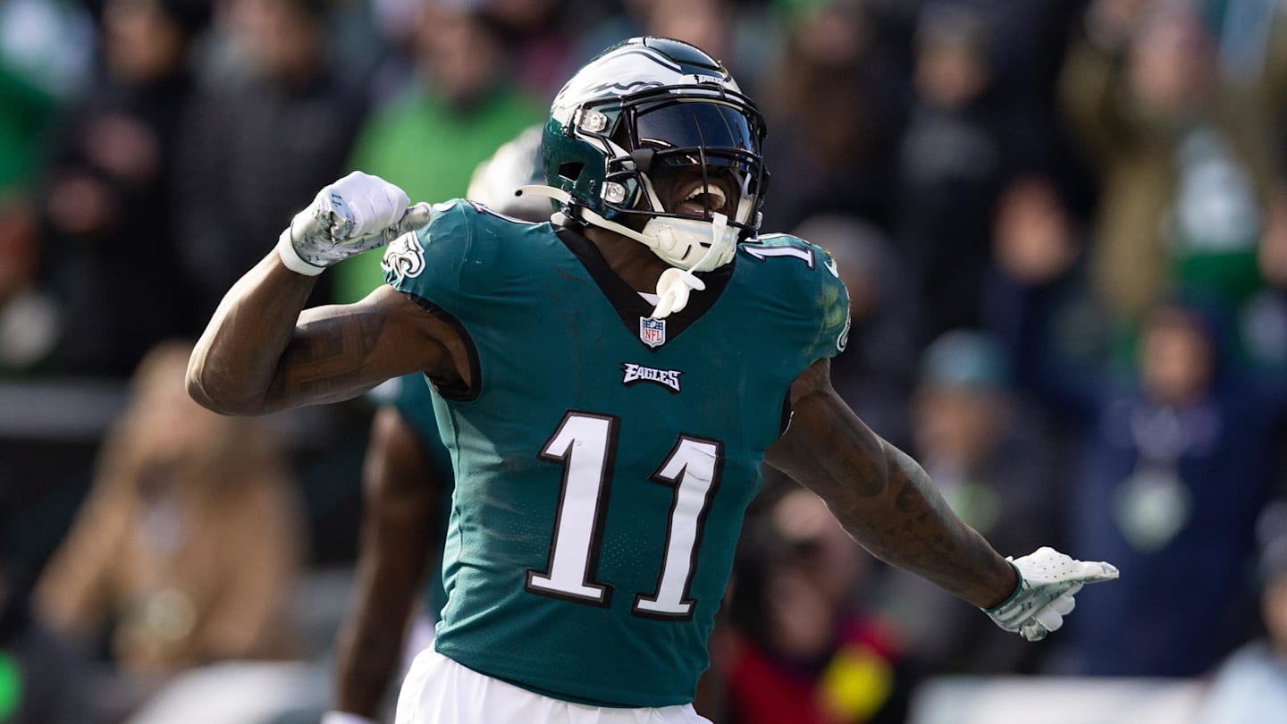 Dec 4, 2022; Philadelphia, Pennsylvania, USA;  Philadelphia Eagles wide receiver A.J. Brown (11) reacts after his touchdown catch against the Tennessee Titans during the second quarter at Lincoln Financial Field. Mandatory Credit: Bill Streicher-Imagn Images