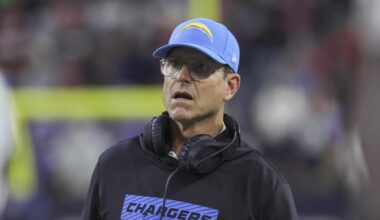Jan 11, 2025; Houston, Texas, USA; Los Angeles Chargers head coach Jim Harbaugh reacts during the game against the Houston Texans in an AFC wild card game at NRG Stadium. Mandatory Credit: Troy Taormina-Imagn Images