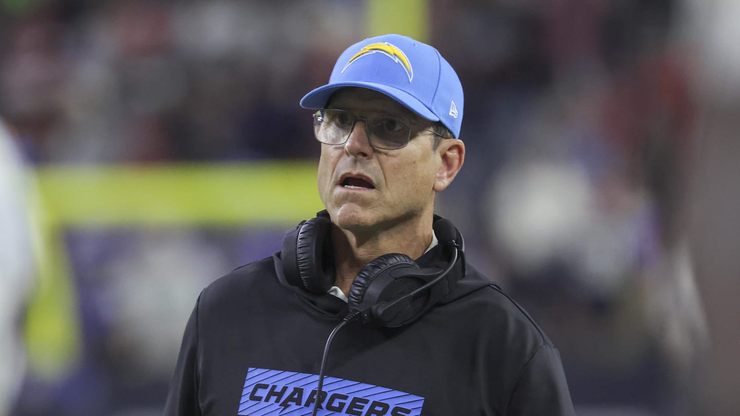 Jan 11, 2025; Houston, Texas, USA; Los Angeles Chargers head coach Jim Harbaugh reacts during the game against the Houston Texans in an AFC wild card game at NRG Stadium. Mandatory Credit: Troy Taormina-Imagn Images