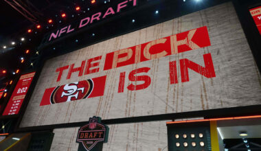 The San Francisco 49ers logo on the video board during the NFL Draft