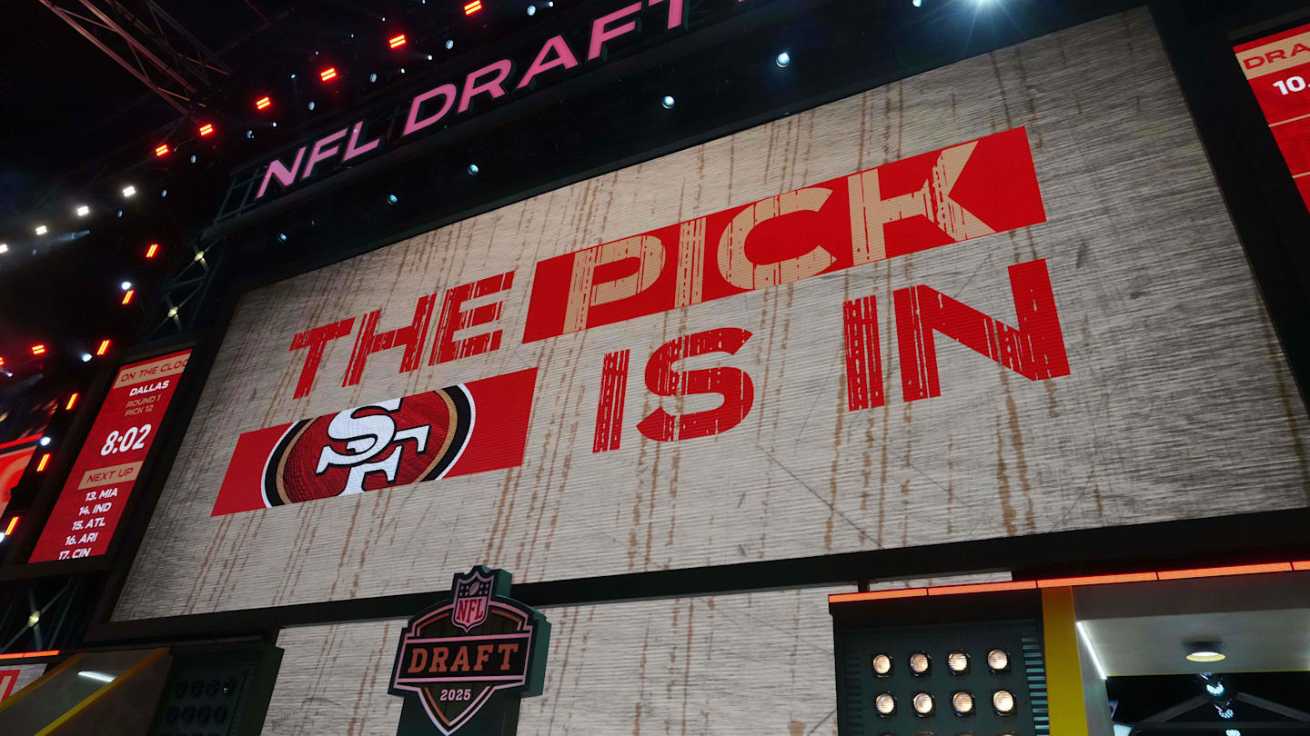 The San Francisco 49ers logo on the video board during the NFL Draft