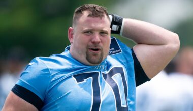 Tennessee Titans guard Kevin Zeitler (70) heads for the locker room after mandatory Titans Minicamp at Ascension Saint Thomas Sports Park in Nashville, Tenn., Tuesday, June 10, 2025.