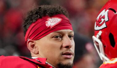 Dec 7, 2025; Kansas City, Missouri, USA; Kansas City Chiefs quarterback Patrick Mahomes (15) looks on during the third quarter against the Houston Texans at GEHA Field at Arrowhead Stadium. Mandatory Credit: Denny Medley-Imagn Images