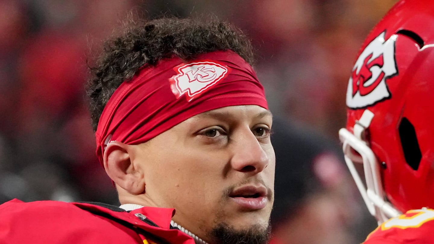 Dec 7, 2025; Kansas City, Missouri, USA; Kansas City Chiefs quarterback Patrick Mahomes (15) looks on during the third quarter against the Houston Texans at GEHA Field at Arrowhead Stadium. Mandatory Credit: Denny Medley-Imagn Images