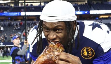 Nov 27, 2025; Arlington, Texas, USA; Dallas Cowboys wide receiver George Pickens (3) celebrates by eating turkey after the game against the Kansas City Chiefs at AT&T Stadium. Mandatory Credit: Kevin Jairaj-Imagn Images