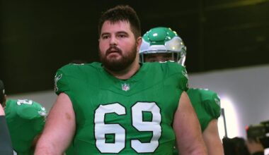 Dec 29, 2024; Philadelphia, Pennsylvania, USA; Philadelphia Eagles guard Landon Dickerson (69) in the tunnel against the Dallas Cowboys at Lincoln Financial Field. Mandatory Credit: Eric Hartline-Imagn Images