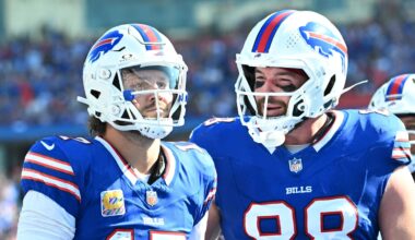 Sep 28, 2025; Orchard Park, New York, USA;  Buffalo Bills quarterback Josh Allen (17) and tight end Dawson Knox (88) react after diving for a touchdown past New Orleans Saints cornerback Alontae Taylor (1) during the third quarter at Highmark Stadium. Mandatory Credit: Mark Konezny-Imagn Images
