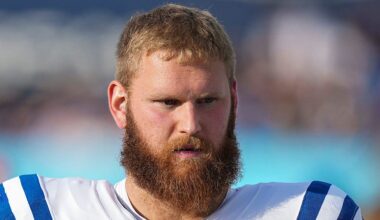 Indianapolis Colts offensive tackle Braden Smith (72) walks the sidelines Sunday, Dec. 3, 2023, during a game against the Tennessee Titans at Nissan Stadium in Nashville, Tenn.