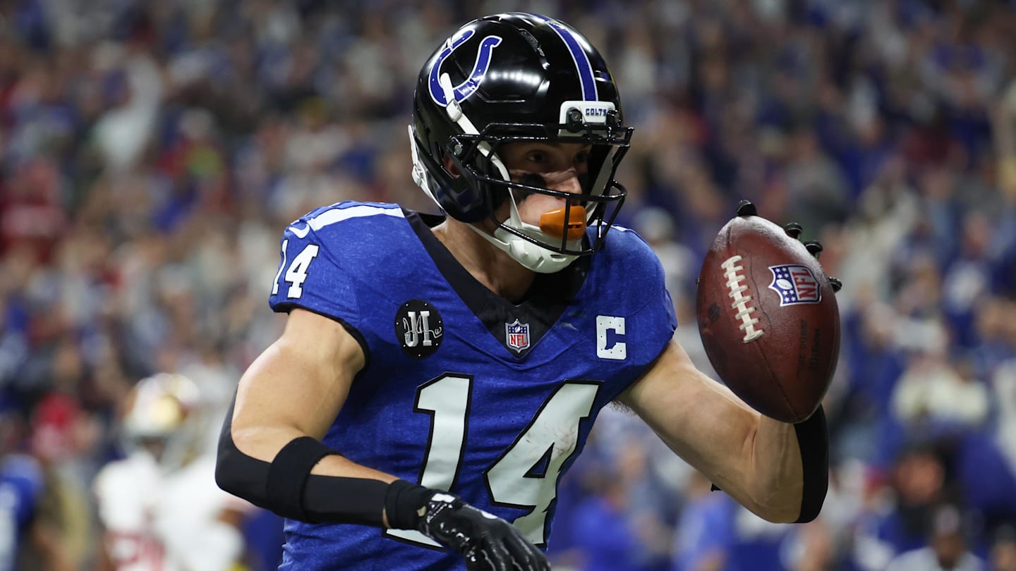 Dec 22, 2025; Indianapolis, Indiana, USA; Indianapolis Colts wide receiver Alec Pierce (14) celebrates after scoring a touchdown against the San Francisco 49ers in the second quarter of the game at Lucas Oil Stadium. Mandatory Credit: Trevor Ruszkowski-Imagn Images
