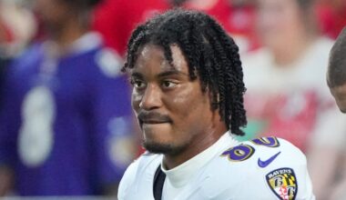 Sep 5, 2024; Kansas City, Missouri, USA; Baltimore Ravens tight end Isaiah Likely (80) on field prior to a game against the Kansas City Chiefs at GEHA Field at Arrowhead Stadium. Mandatory Credit: Denny Medley-Imagn Images