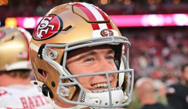 Nov 16, 2025; Glendale, Arizona, USA; San Francisco 49ers quarterback Mac Jones (10) looks on after defeating the Arizona Cardinals at State Farm Stadium. Mandatory Credit: Matt Kartozian-Imagn Images