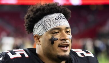 Dec 21, 2025; Glendale, Arizona, USA; Atlanta Falcons running back Tyler Allgeier (25) against the Arizona Cardinals at State Farm Stadium. Mandatory Credit: Mark J. Rebilas-Imagn Images